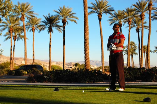 A person standing in front of a palm tree playing golf