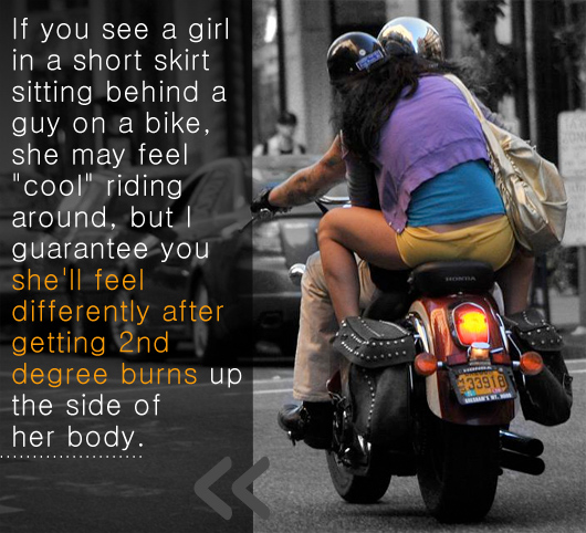 A woman riding on the back of a motorcycle - article text - she\'ll feel different after getting 2nd degree burns