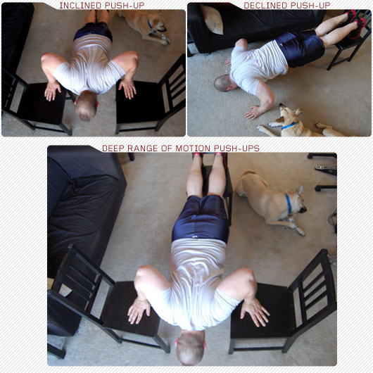 3 variations of pushups with chairs
