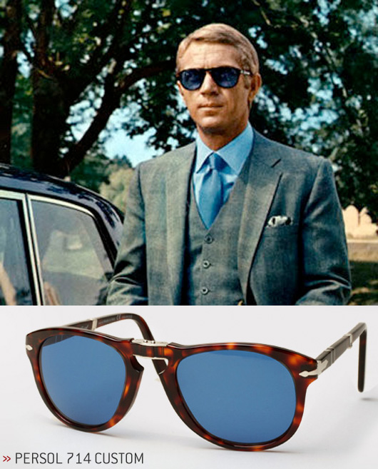 Steve McQueen in a suit and sunglasses, with Persol and The Thomas Crown Affair