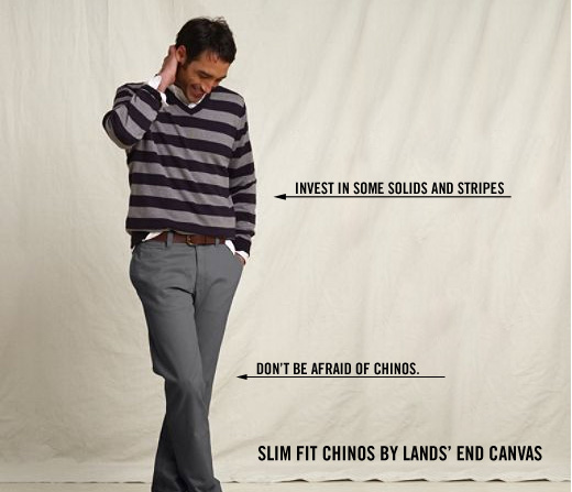 Invest in solids and stripes, don\'t be afraid of chinos, slim fit chinos by lands end canvas