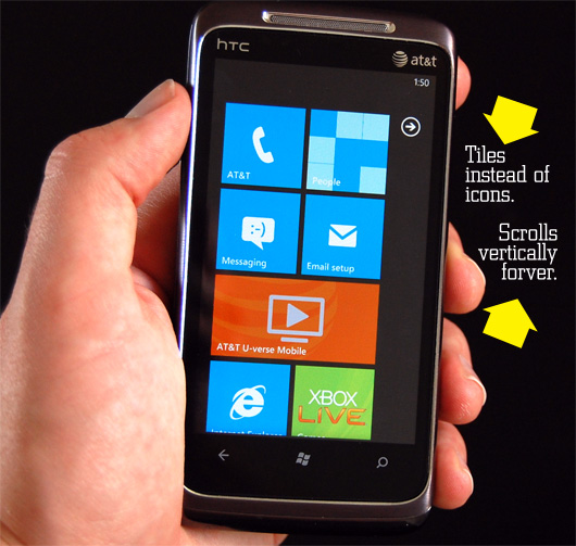 windows phone - tiles instead of icons, scrolls vertically forever