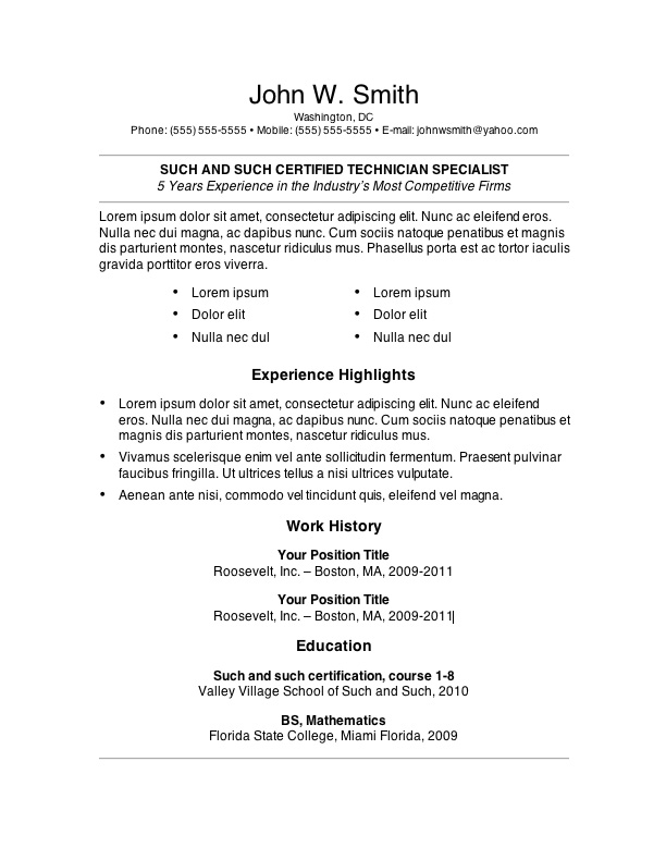 Resume Format Templates Free resume template Microsoft Word