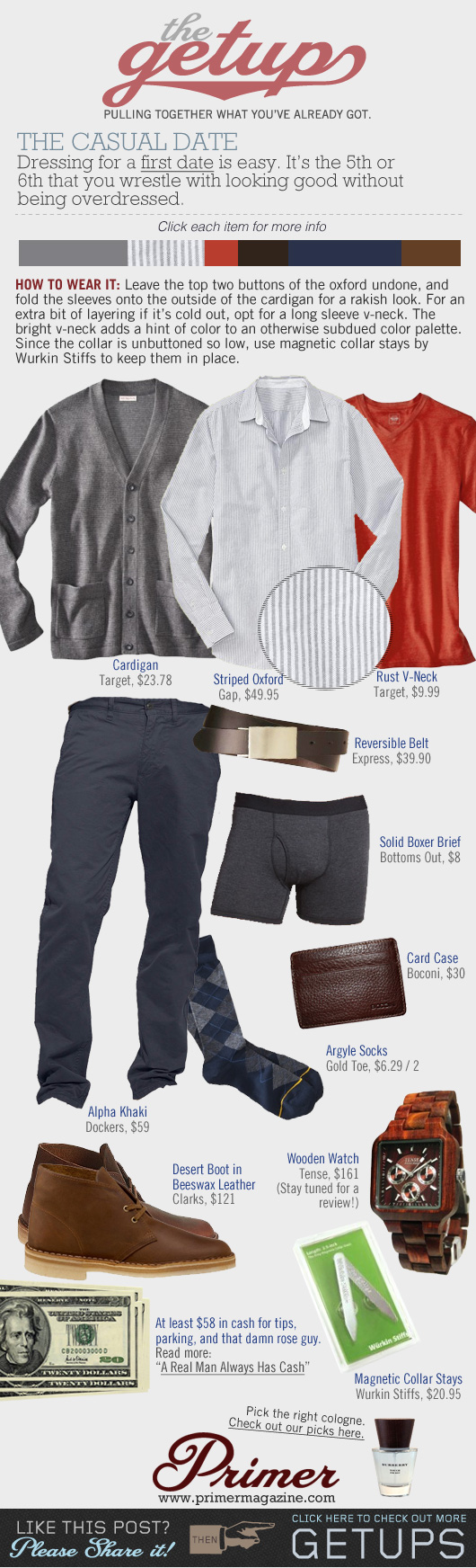 The Getup Casual Date - gray sweater, striped shirt, t-shirt, blue pants