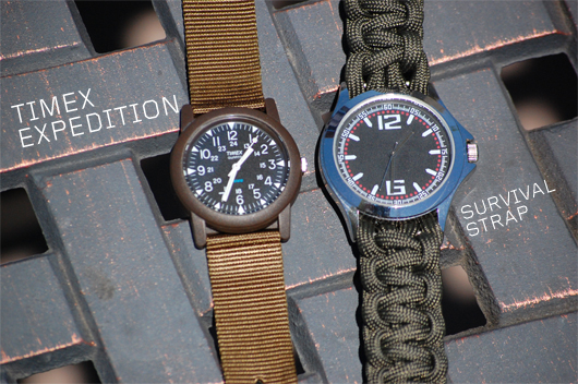 Survival strap watch next to regular watch strap