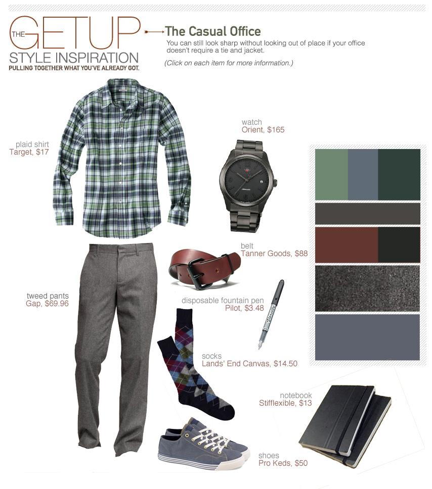 The Getup casual office outfit inspiration - plaid shirt, gray pants, sneakers collage