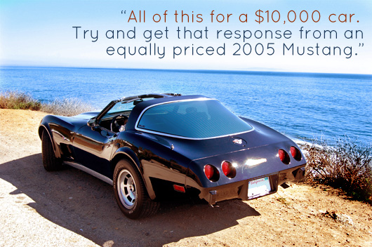 Corvette next to ocean with article quote - All of this for a $10,000 car