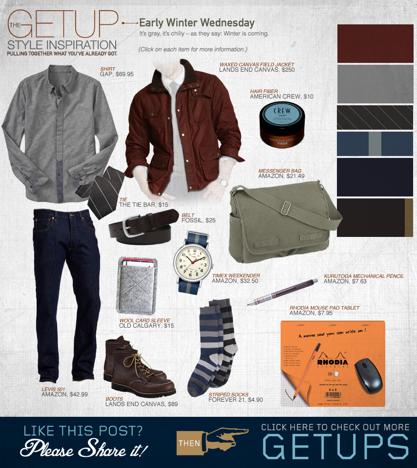 Getup style inspiration collage red jacket, gray shirt, blue jeans, brown boots, green bag