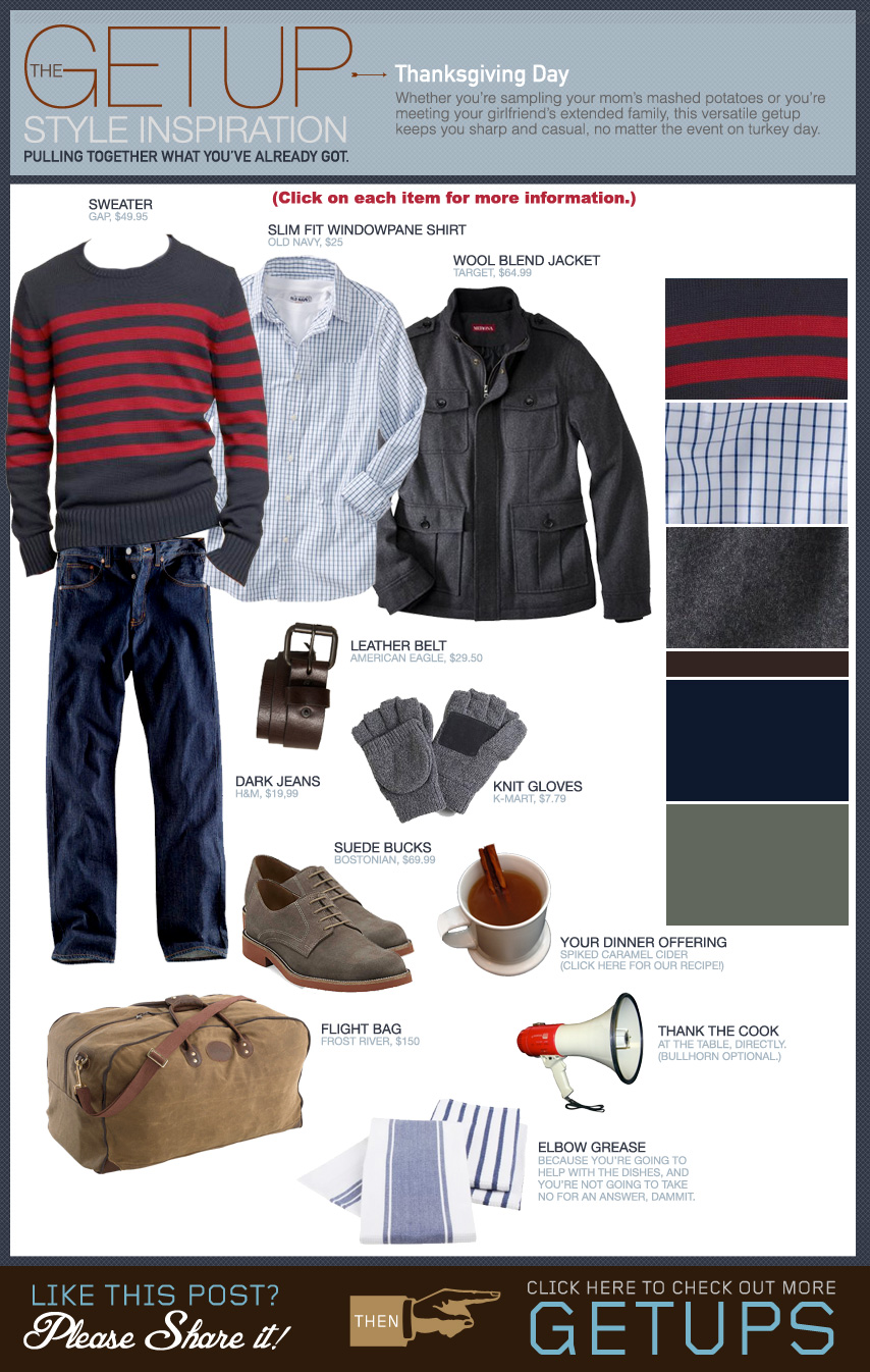 Thanksgiving Getup, gray jacket, striped sweater, oxford shirt, suede oxfords