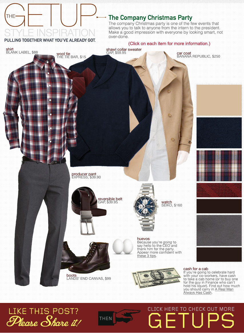 The Getup Christmas Party - topcoat, blue sweater, plaid shirt, gray pants, brown shoes