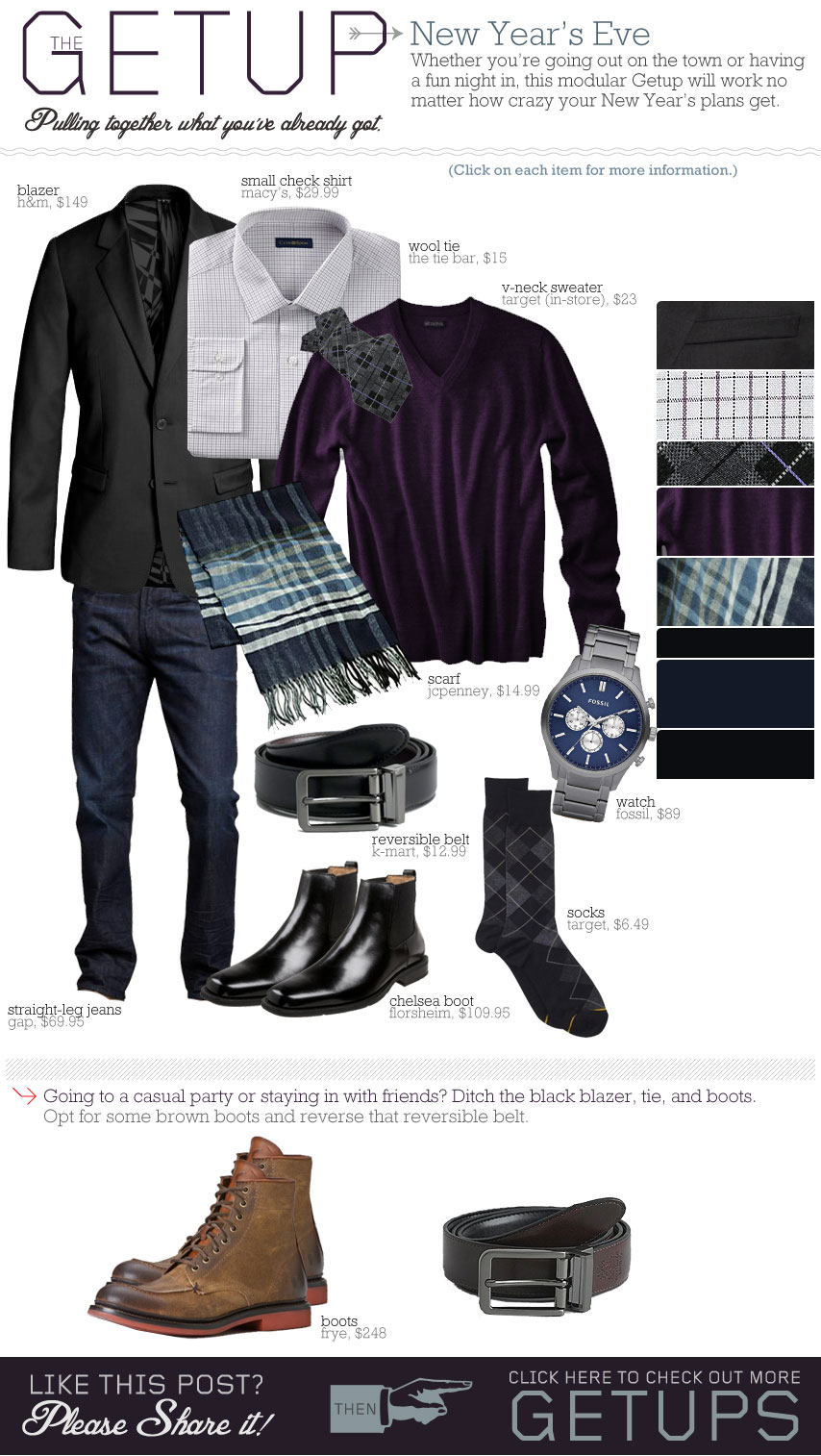The Getup outfit inspiration - black jacket, purple shirt, white shirt, blue jeans, black boots