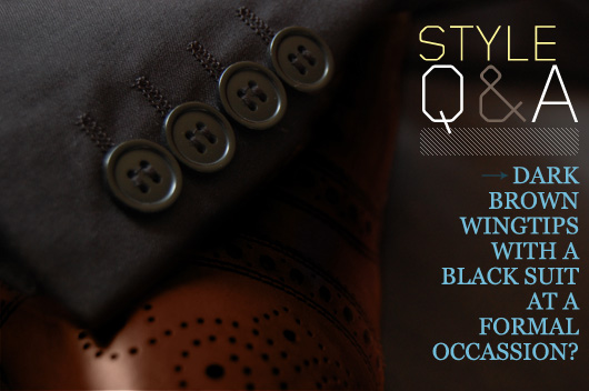 Style Q&A: Dark Brown Wingtips with a Black Suit at a Formal Occasion