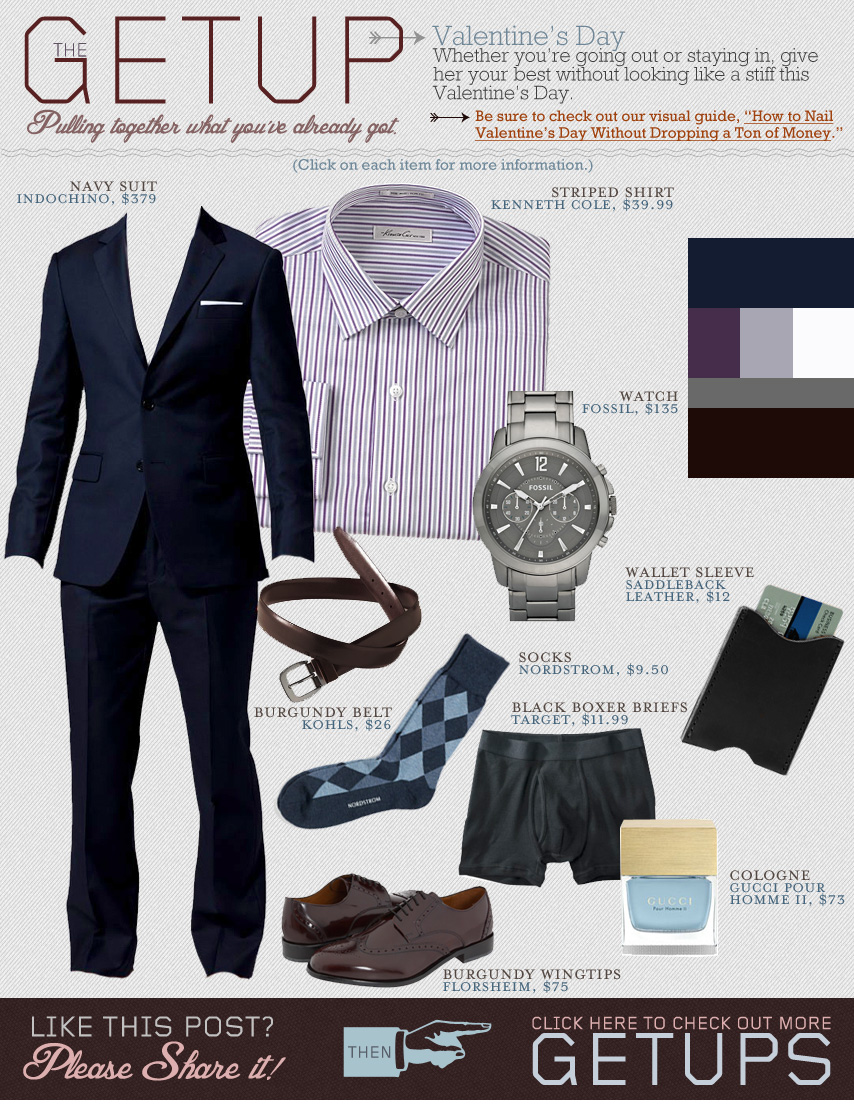 The Getup - Valentines Day - blue suit, purple dress shirt, brown dress shoes