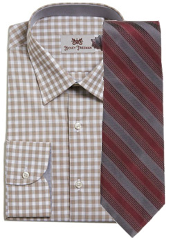 Tan check shirt with red striped tie