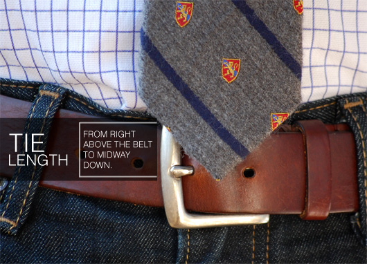 A tie should fall midway down a belt