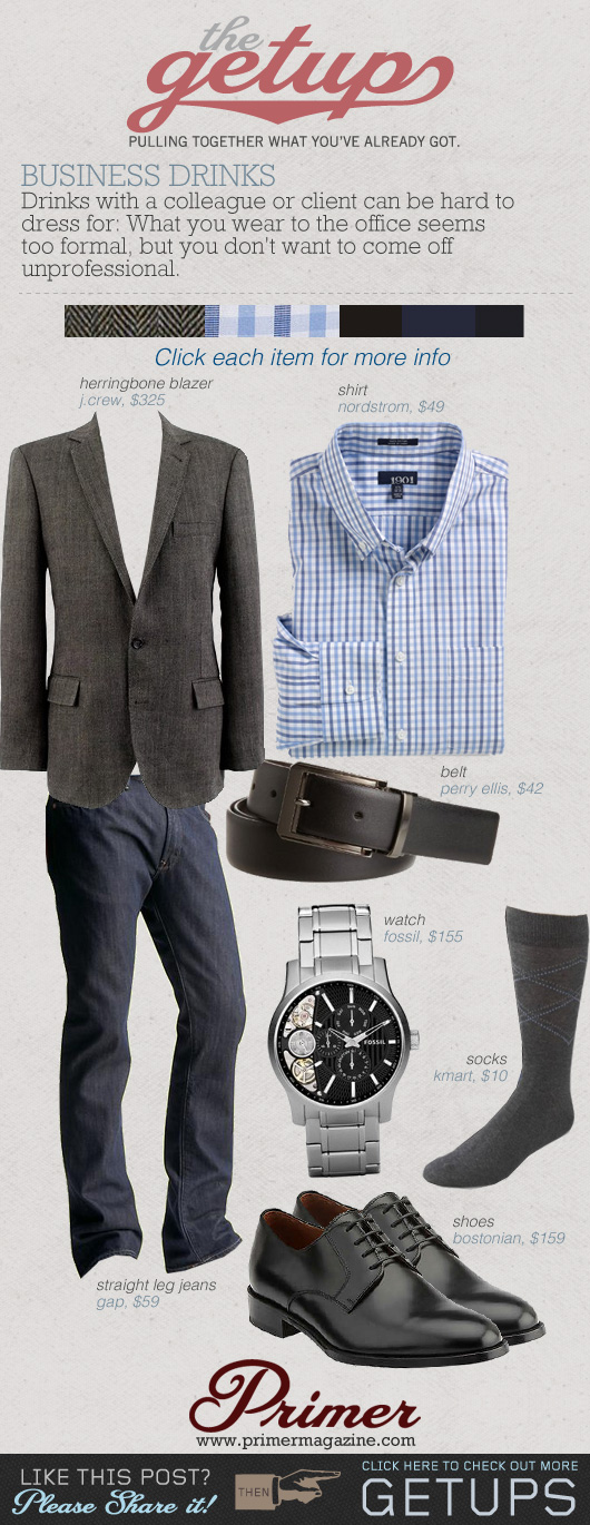 The Getup business drinks - gray sportcoat blue check shirt, blue jeans, black belt collage