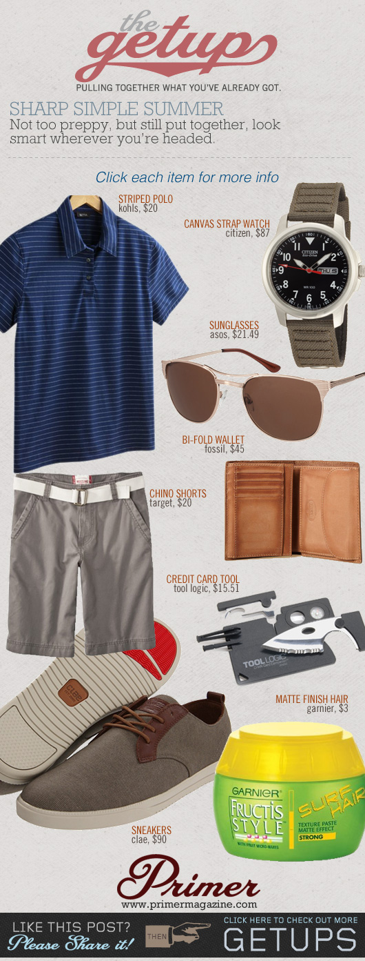 The Getup Shorts - striped polo, gray shorts, gray sneakers