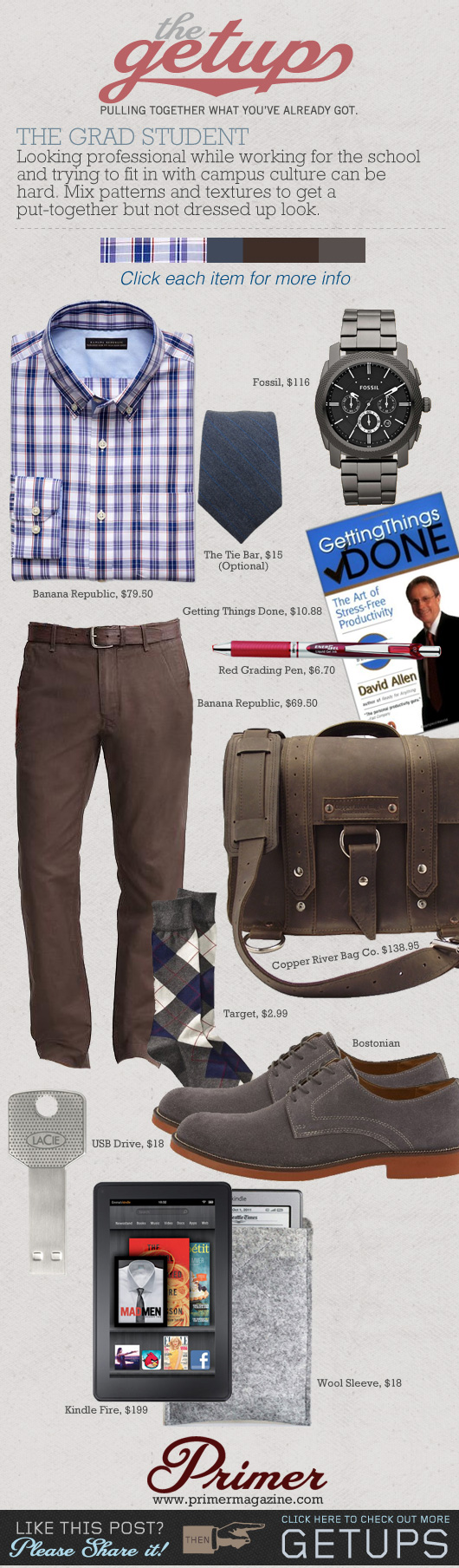 The Getup Grad Student - plaid shirt, brown pants, saddleback leather briefcase collage