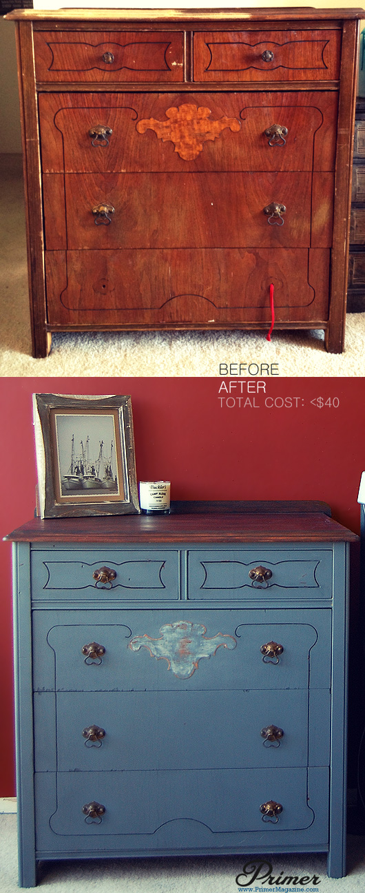 Before and after of an old dresser and it being refinished