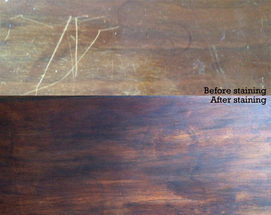 Before and after of restaining a scratched surface