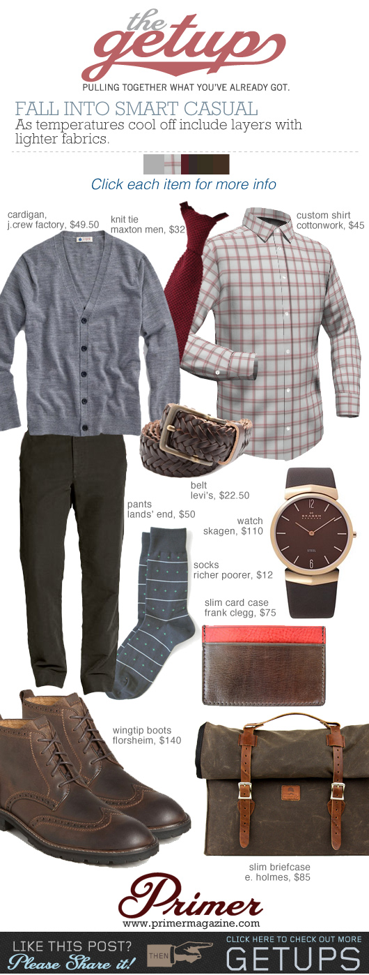 The Getup: Fall Into Smart Casual outfit inspiration - gray sweater, tan khaki shirt, brown boots