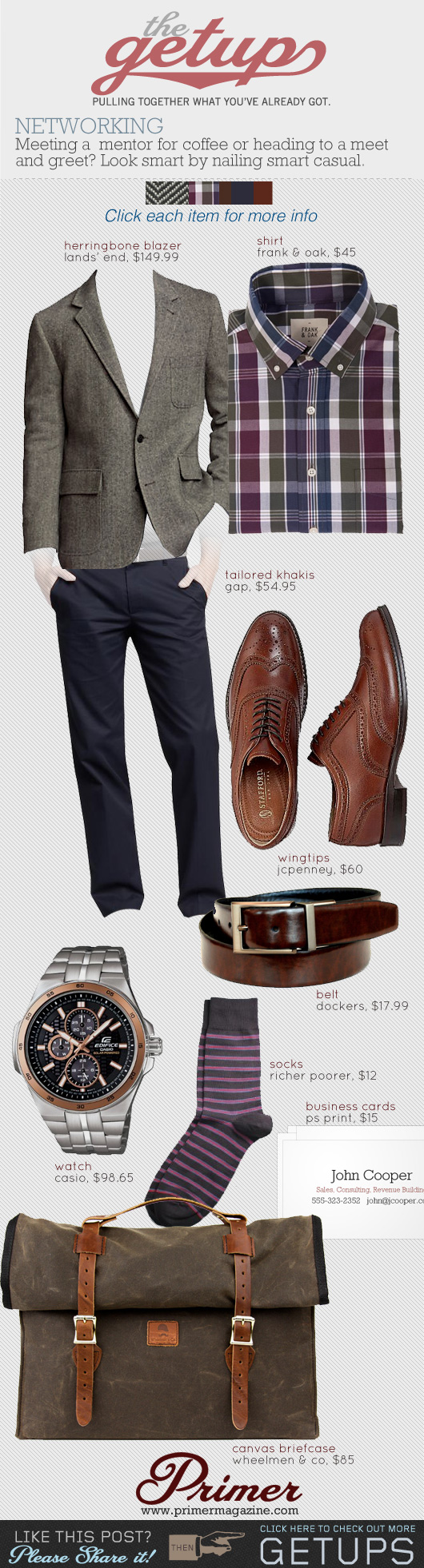 Getup Networking: Gray blazer, plaid shirt, blue dress pants, brown wingtip shoes outfit idea