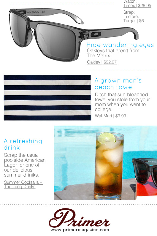 Collage of sunglasses, striped beach towel, and summer cocktail
