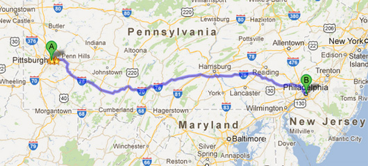 Map of PA with highway route highlighted
