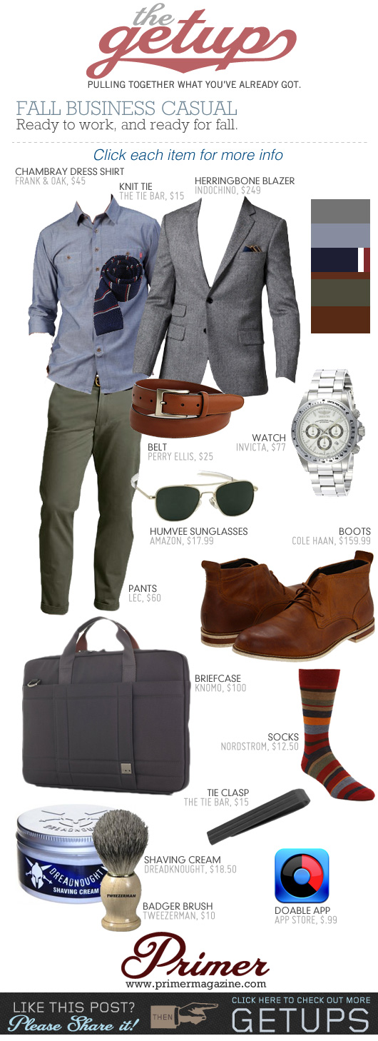 The Getup Fall Business Casual - outfit with gray blazer, blue shirt, green chinos, and brown boots