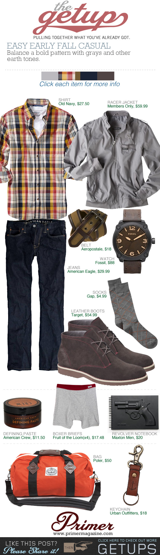 The Getup Fall Casual gray jacket, plaid shirt, dark jeans, brown boots