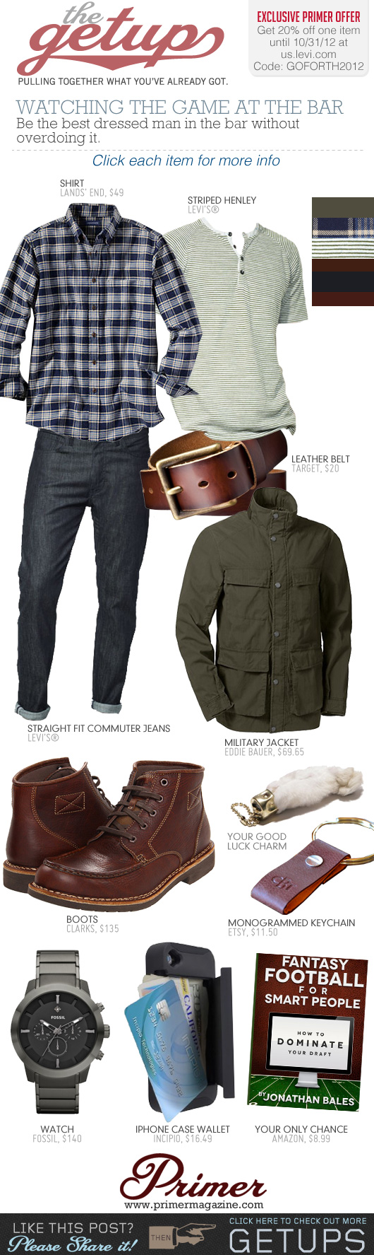 The Getup: Watching the Game at the Bar - Men\'s outfit inspiration with green jacket, dark blue jeans, and brown boots