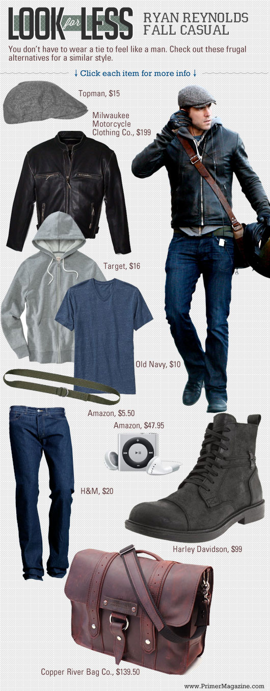 Men\'s outfit inspiration with leather jacket, gray hootie, blue t-shirt, jeans, black boots