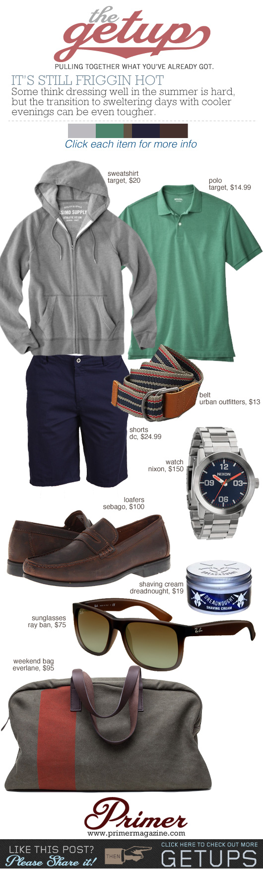 The Getup Still Hot: Men\'s outfit inspiration with gray sweatshirt, green shirt, blue shorts, and blue loafers