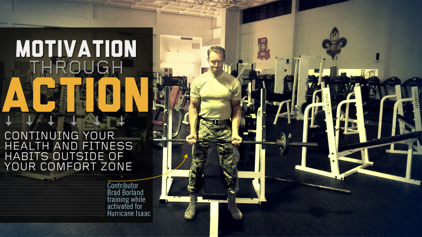 Motivation Through Action title with man doing a bicep curl