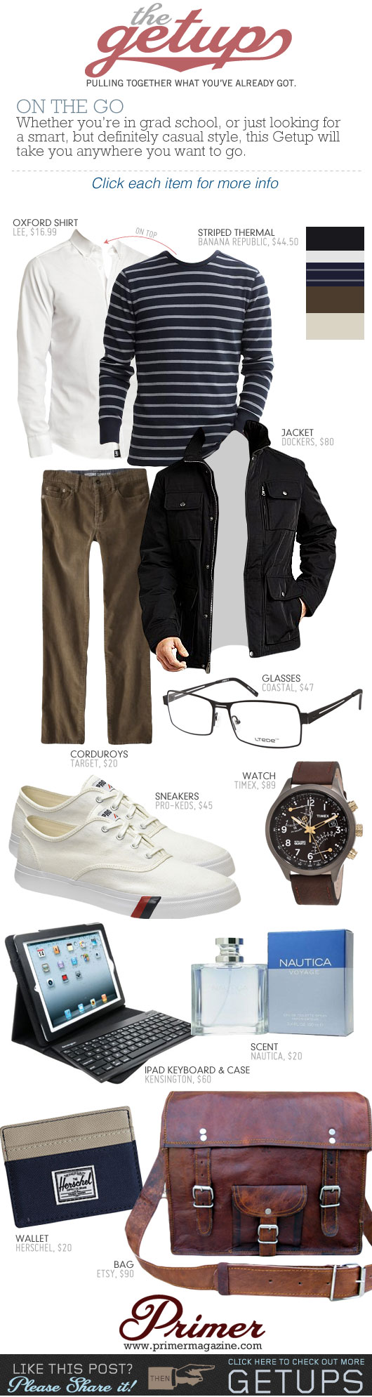 Getup On the Go - Black jacket, white sneakers, brown pants, striped shirt