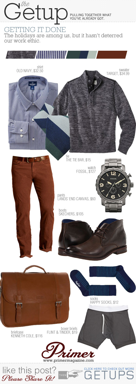 Getup Getting it Done - Sweater, tie, check shirt, orange pants, chukka boots