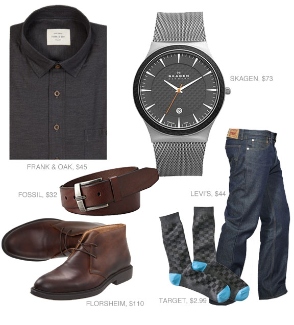 Going out outfit with gray shit, watch, blue jeans, and boots