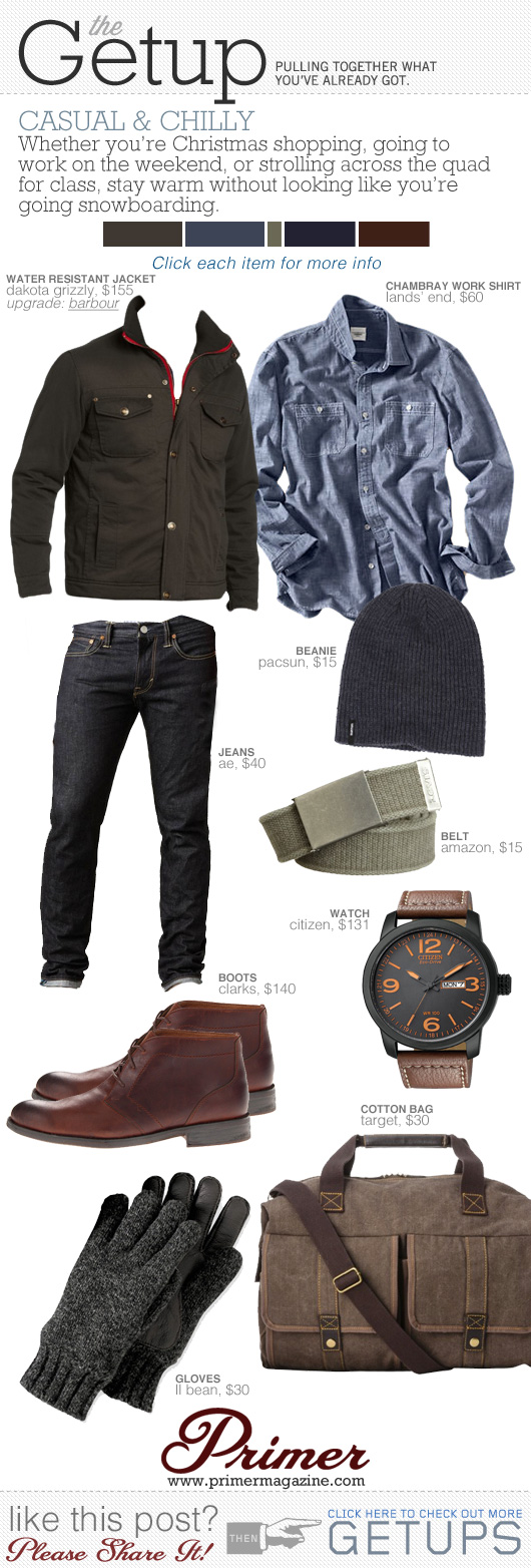 Getup Casual and Chilly - Dark jacket, blue shirt, dark blue jeans, brown chukka boots, beanie, watch