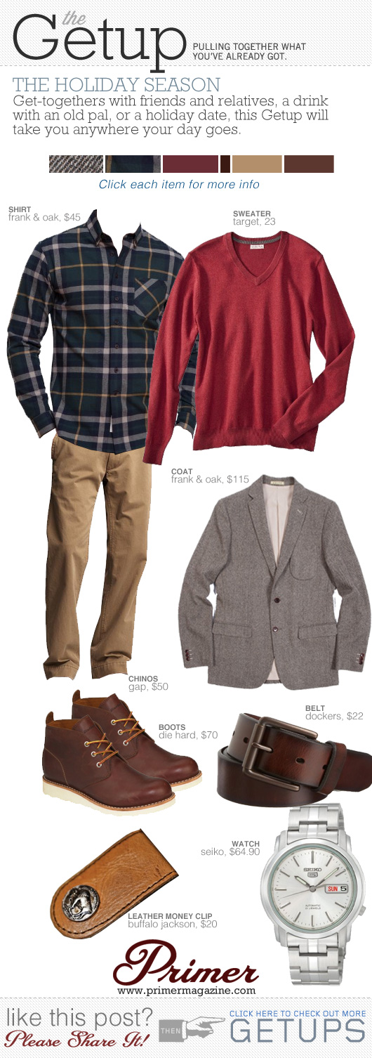 Getup Holiday Season - Read sweater, gray sportcoat, plaid shirt, khakis, boots