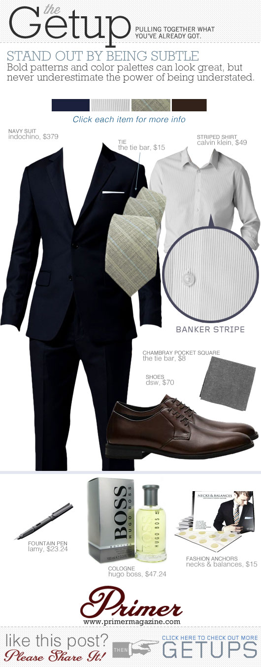 Getup Stand Out By Being Subtle - Navy suit, striped shirt, tie, and brown shoes