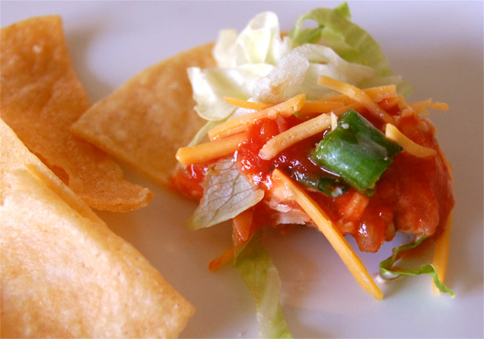 close up of taco dip on a chip