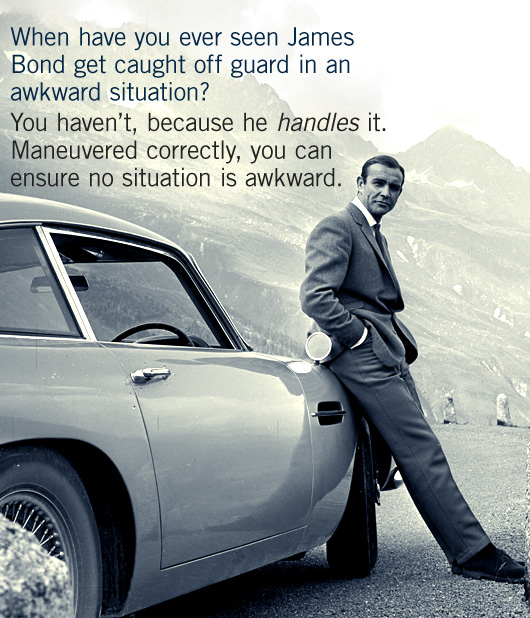 James Bond leaning against car with article quote