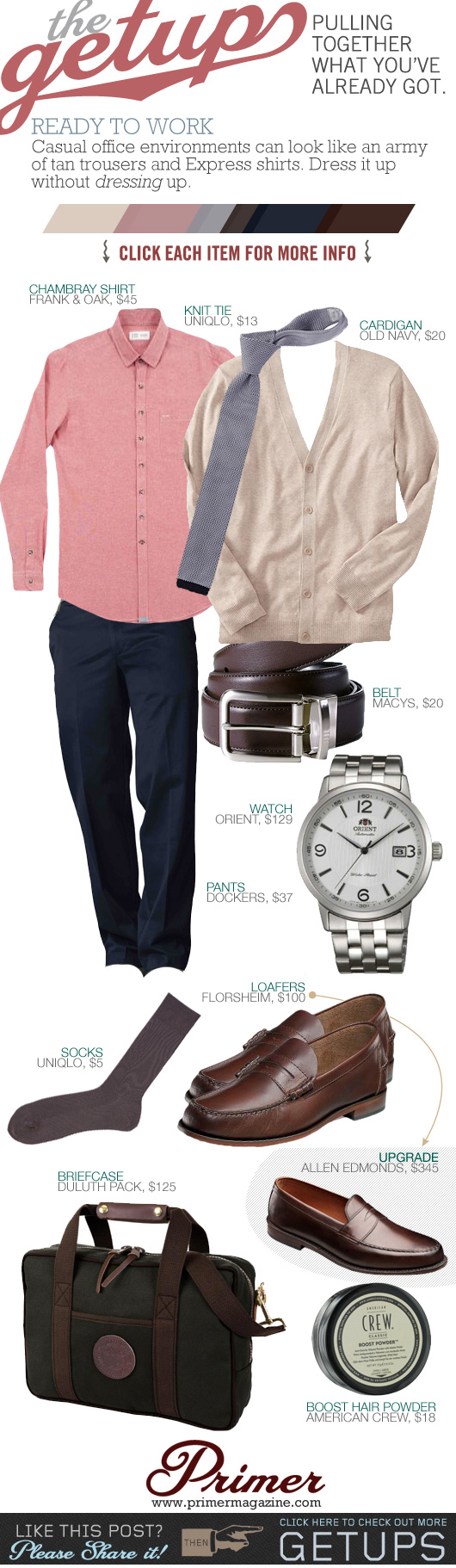 Getup Ready to Work - Tan sweater, pink shirt, blue pants, brown loafers