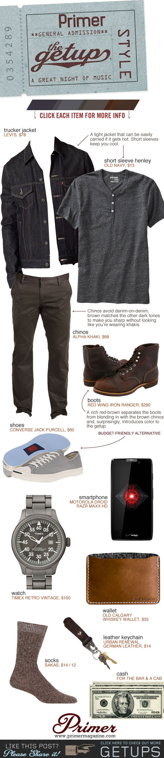 Getup A great Night of Music - Trucker jacket, gray henley, brown pants, iron ranger boots or sneakers