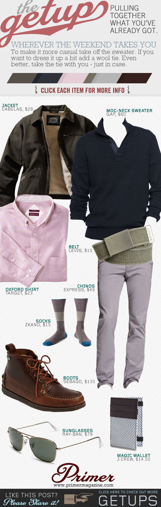 Getup - Wherever the weekend takes you - green jacket, blue sweater, pink shirt, gray pants