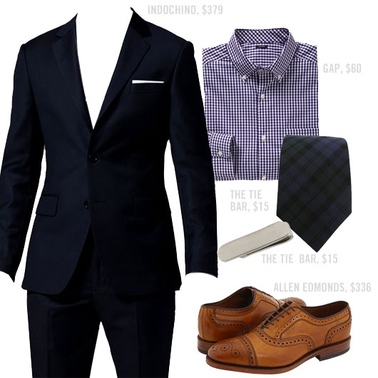 Outfit with suit, purple shirt, tie and Allen Edmonds shoes