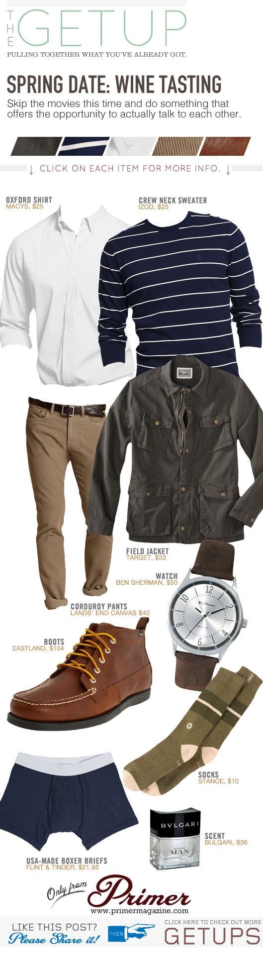 Getup Spring Date Wine Tasting - Field Jacket, striped sweater, white shirt, tan pants