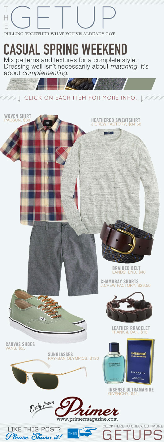 Getup Casual Spring Weekend - Gray sweater, short sleeve shirt, gray shorts, canvas sneakers