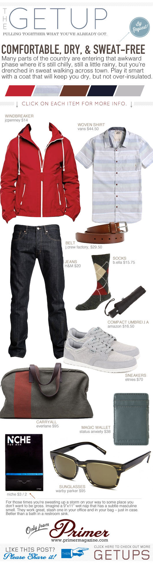 Getup - Comfortable, dry, and sweat-free - red jacket, button up shirt, blue jeans, gray sneakers