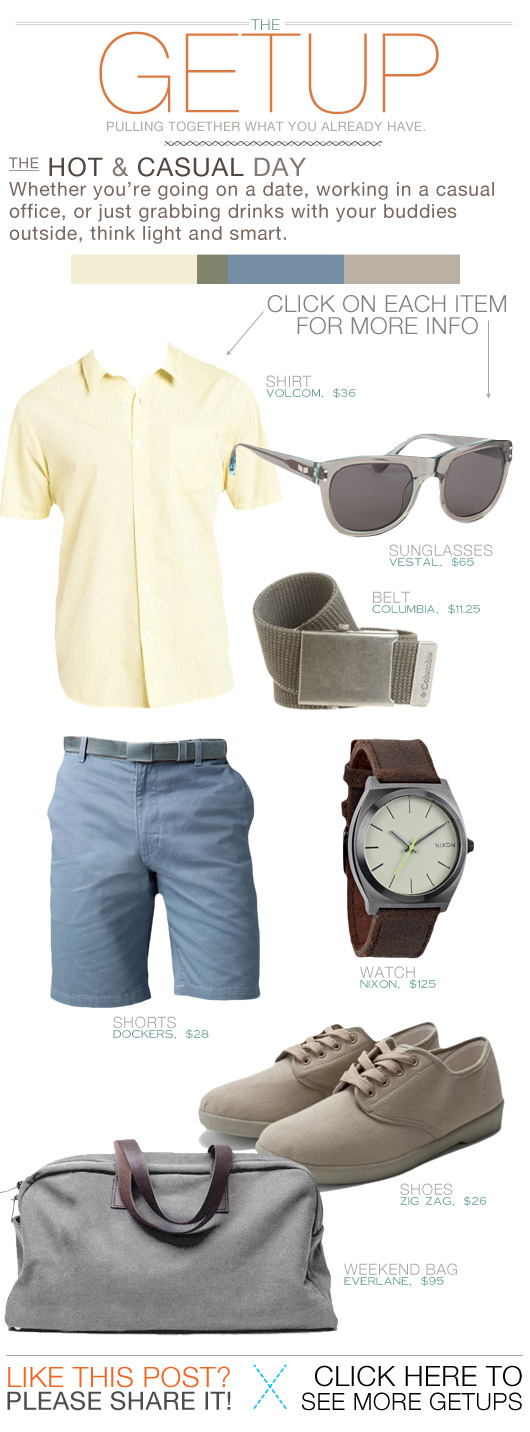 Getup Hot and Casual Day - Yellow shirt, blue shorts, watch, tan sneakers